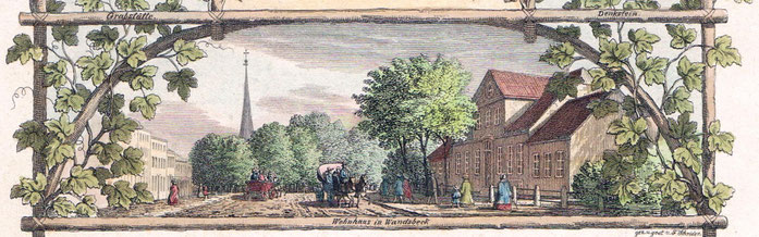 Das Wohnhaus in Wandsbek, in dem Matthias Claudius und seine Familie ab 1782 lebten, nach einer Radierung von Franz Adam Schröder, 1840 (Privat-Archiv RA Michael Pommerening, Hamburg-Wandsbek)